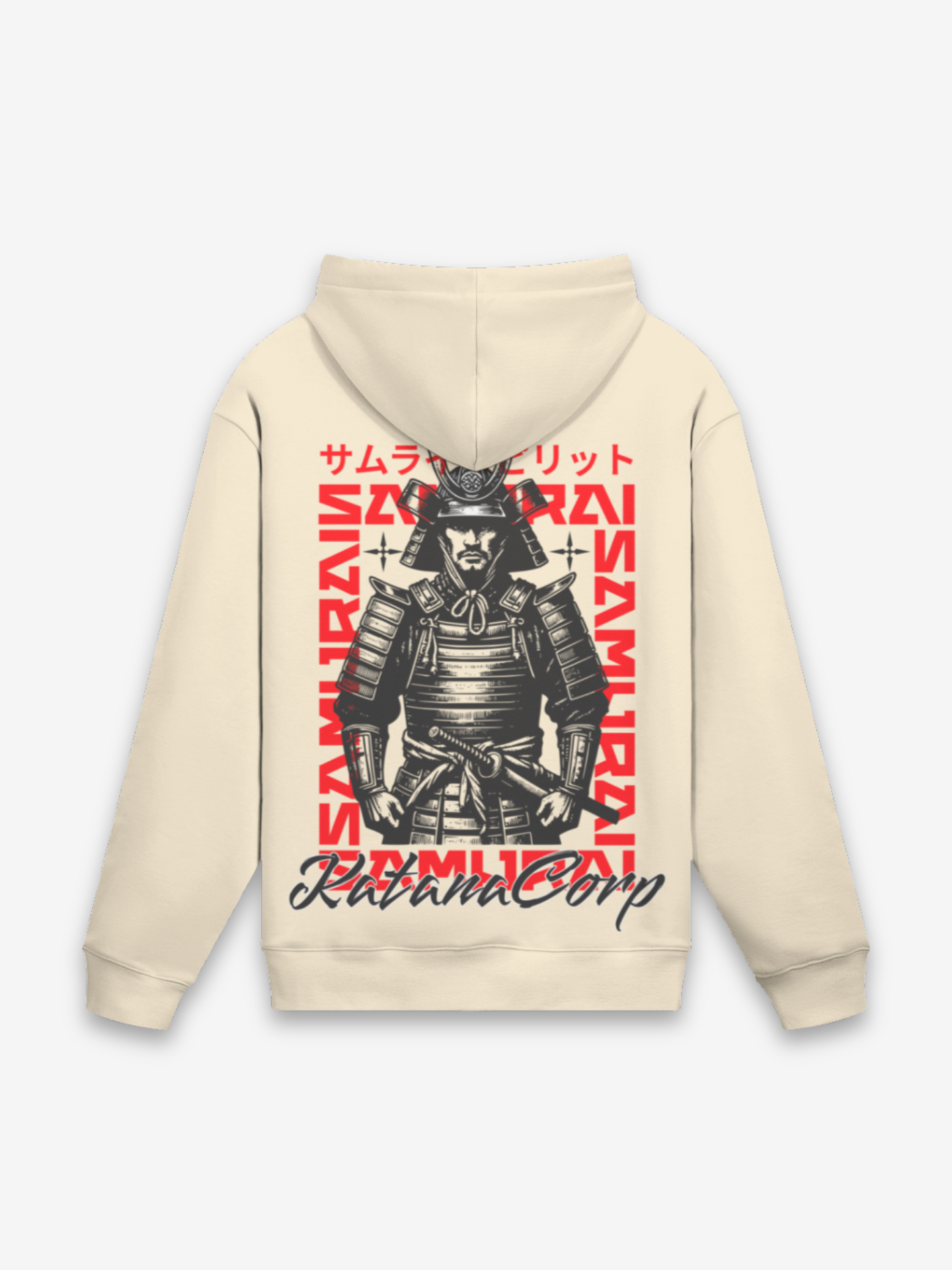 Samurai Corp Hoodie cremefarbener Fleece mit vollgepanzertem O-Yoroi Krieger-Backprint in Schwarz und Rot