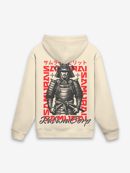 Samurai Corp Hoodie cremefarbener Fleece mit vollgepanzertem O-Yoroi Krieger-Backprint in Schwarz und Rot