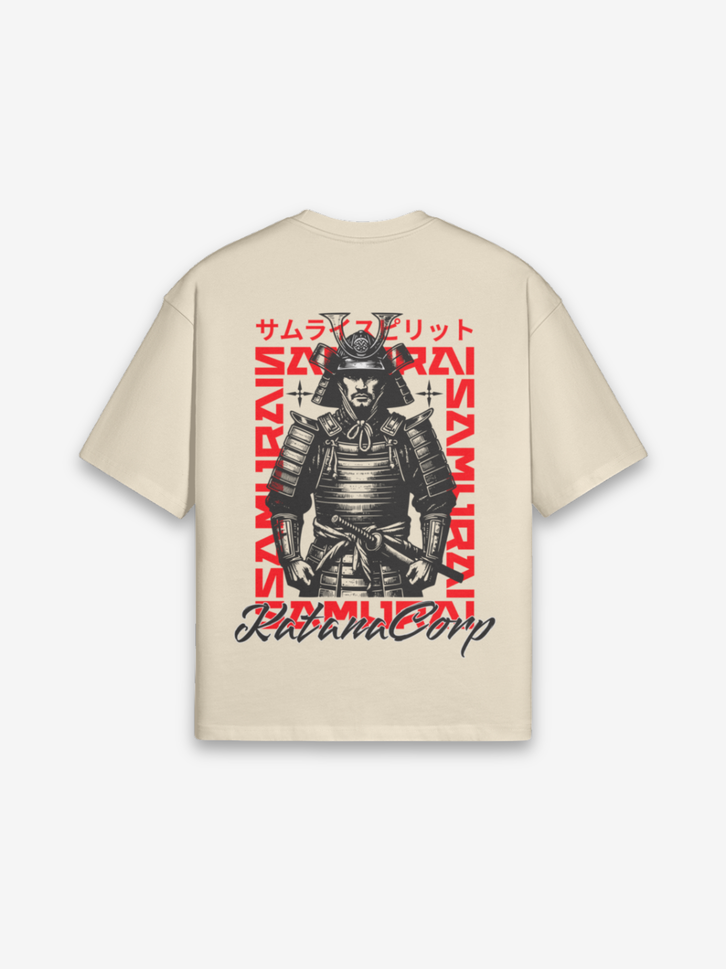 Samurai Corp T-Shirt mit detaillierter O-Yoroi-Rüstung und roten SAMURAI Rahmen-Typografie サムライスピリット