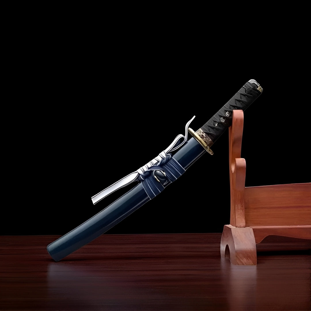 Seiryu Tanto (T10 Blau-Stahl) - 青流 — Komplett-Ansicht mit Saya auf Holz-Display-Ständer