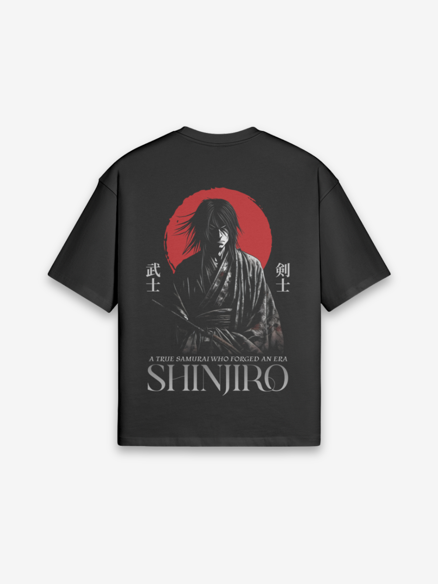 Shinjiro T-Shirt dunkelgrau mit Ronin-Silhouette vor roter Sonne und 武士 剣士 Kanji