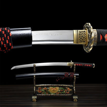 Shinku Wakizashi Damaststahl mit rot-schwarzem Ito, Kupfer-Tsuba und schwarzer Saya
