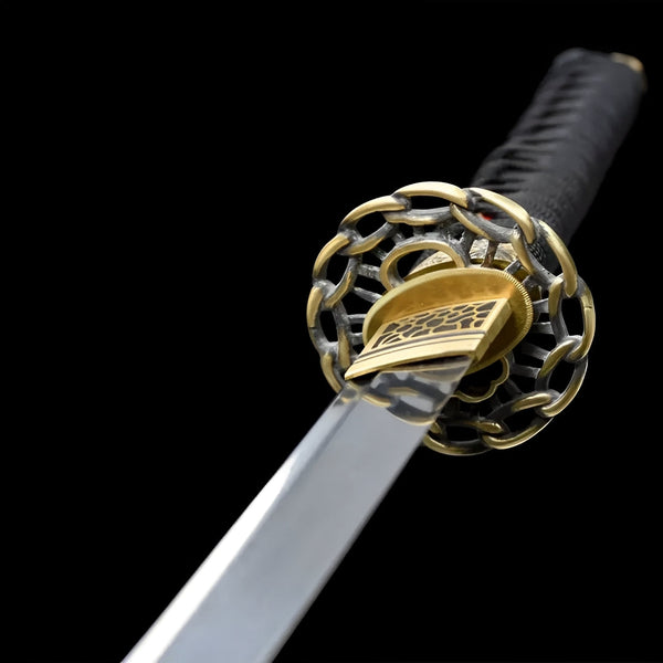 Shinku Wakizashi Damaststahl mit rot-schwarzem Ito, Kupfer-Tsuba und schwarzer Saya