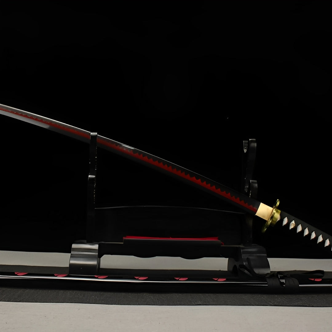 Shusui Katana Zoro One Piece schwarze Klinge mit rotem Hamon und goldenem Blumen-Tsuba