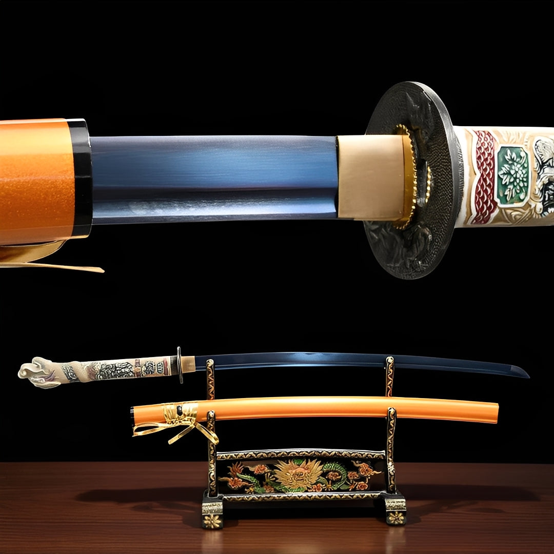Tentai Drache Katana - 天竜刀 — Komplett-Ansicht mit Saya und Display-Ständer
