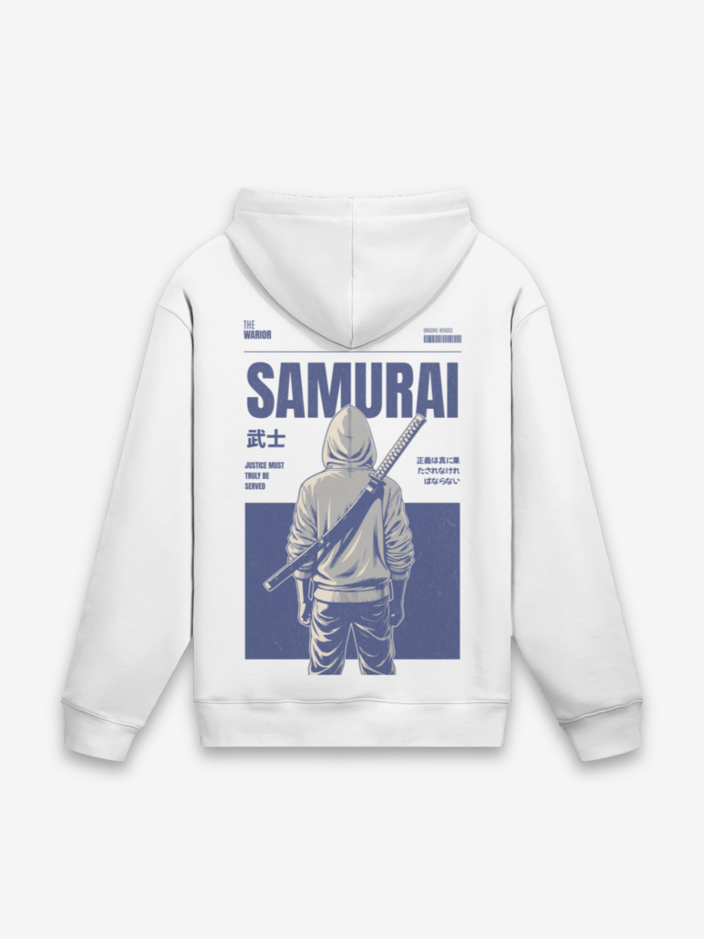 Vintage Samurai Hoodie weißer Fleece mit marineblau-grauem Halftone-Krieger und 武士 Kanji