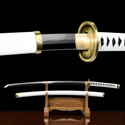 Wado Ichimonji Katana (One Piece) - ワド — Komplett-Ansicht mit Saya und Display-Ständer