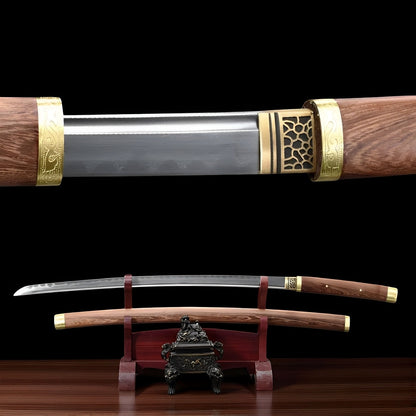 Hölzernes Katana-Schwert - 木製の — Komplett-Ansicht mit Saya und Display-Ständer