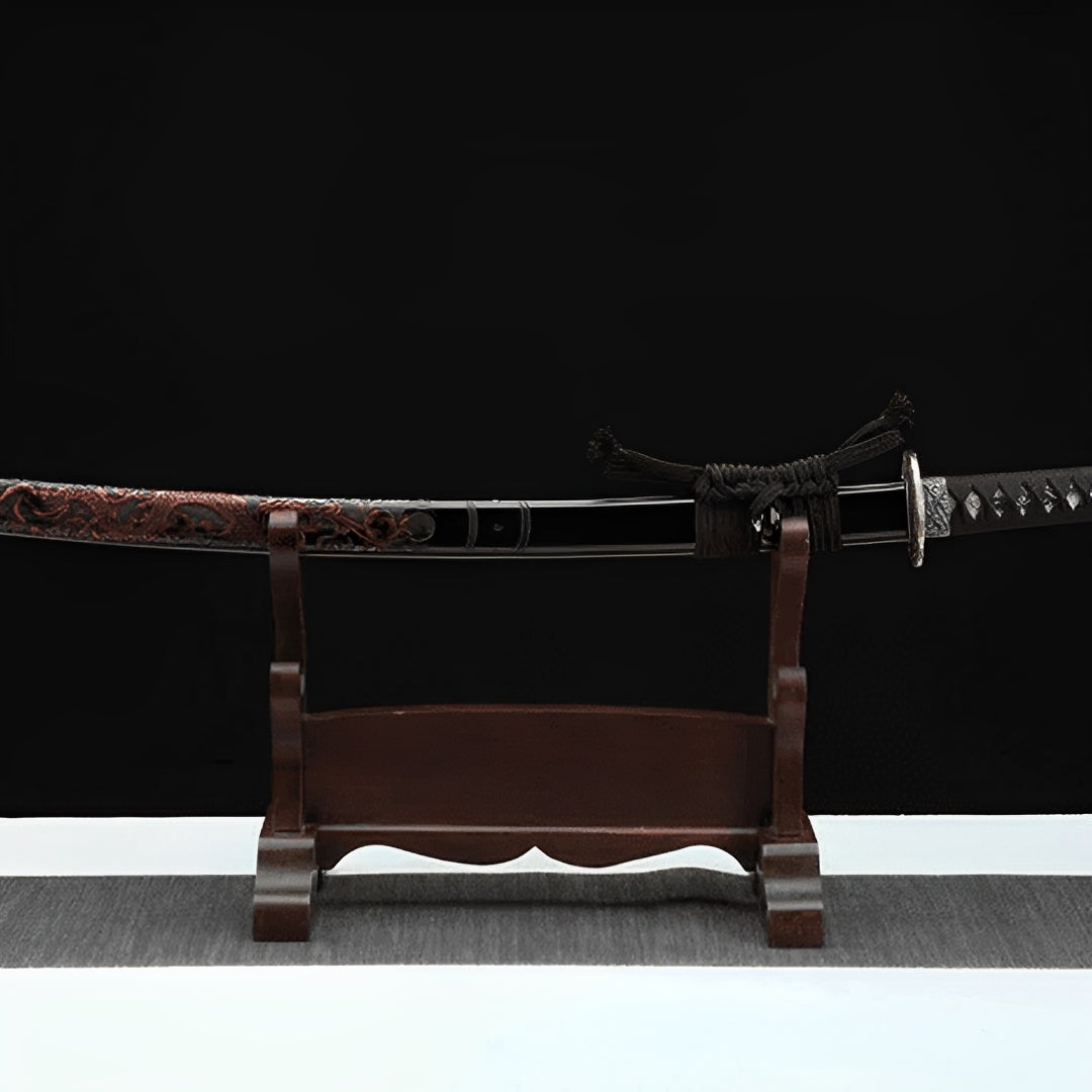 Yugure Katana (Damaststahl) - 夕暮 — Griff-Detail mit Rochenhaut und Menuki