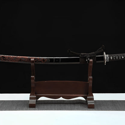 Yugure Katana (Damaststahl) - 夕暮 — Griff-Detail mit Rochenhaut und Menuki