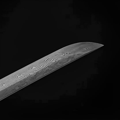 Yugure Katana (Damaststahl) - 夕暮 — Klingen-Detail Nahaufnahme mit sichtbarem Stahl