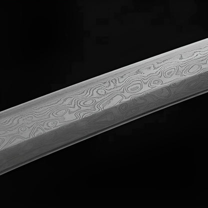Yugure Katana auf Bronze-Ständer mit handgemalter schwarzer Saya und kupfer-roten Floralmotiven