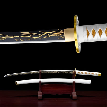 Zenitsu Katana (Demon Slayer) - ゼンイツ — Komplett-Ansicht mit Saya und Display-Ständer