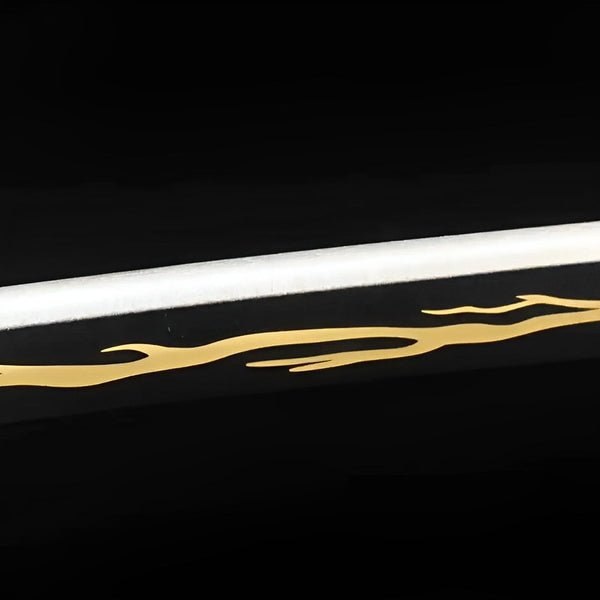 Zenitsu Katana auf Display-Ständer mit weißer Klinge mit Blitz-Muster und gelb-weißer Wicklung