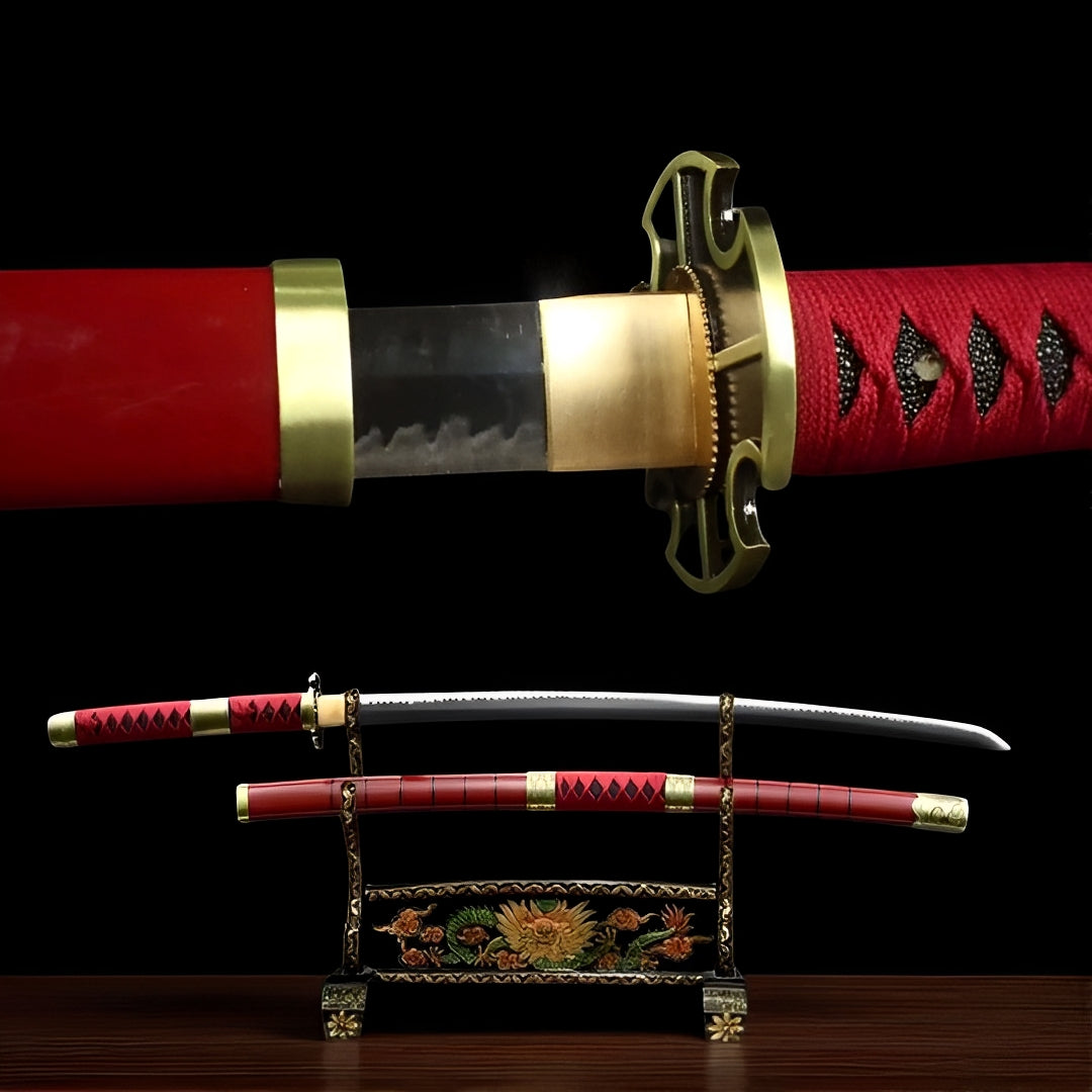 Zoro Katana (One Piece) - キケツ — Komplett-Ansicht mit Saya und Display-Ständer