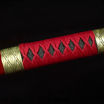 Zoro Katana auf Display-Ständer mit polierter 1060-Klinge und schwarz-und-goldener Palette